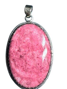 Sterling Silver & Pink Rhodonite Oval Pendant Necklace 925 Stamped Boho Jewelry